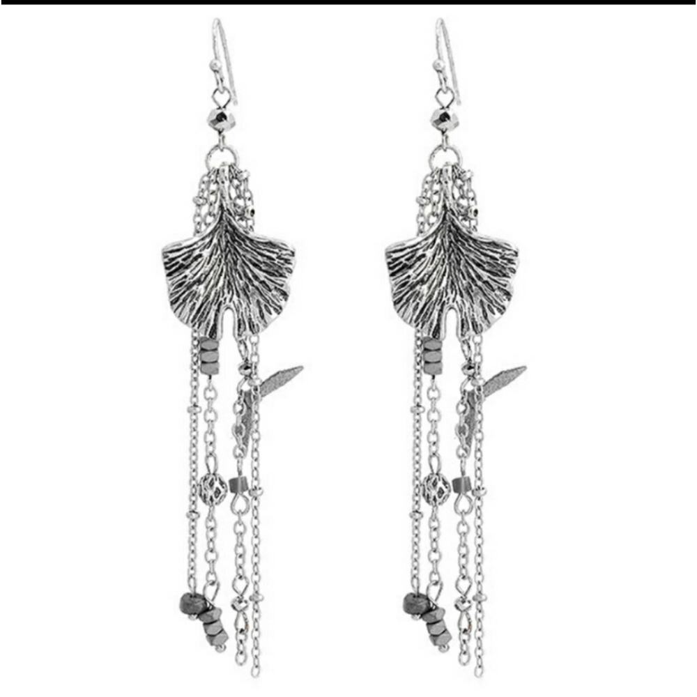 Leaf dangle jasper & hematite artisan made earrings silver